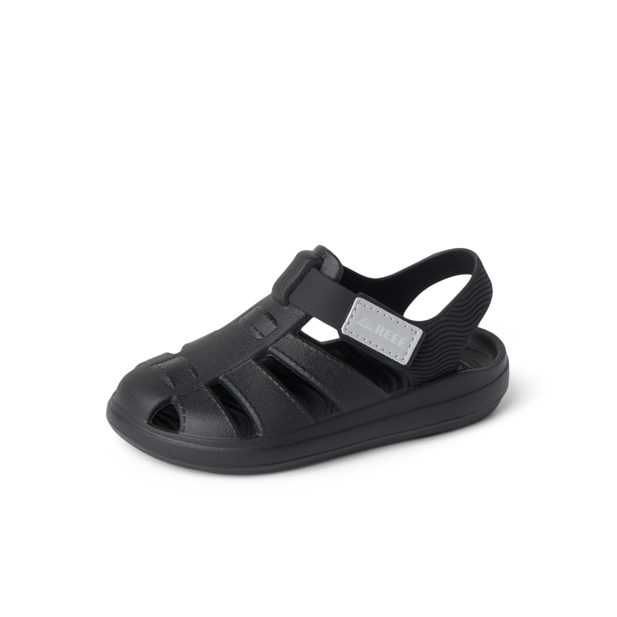 Little Totally Beachin black boys sandal facing right, close-up of cushioned arch support and water-friendly design