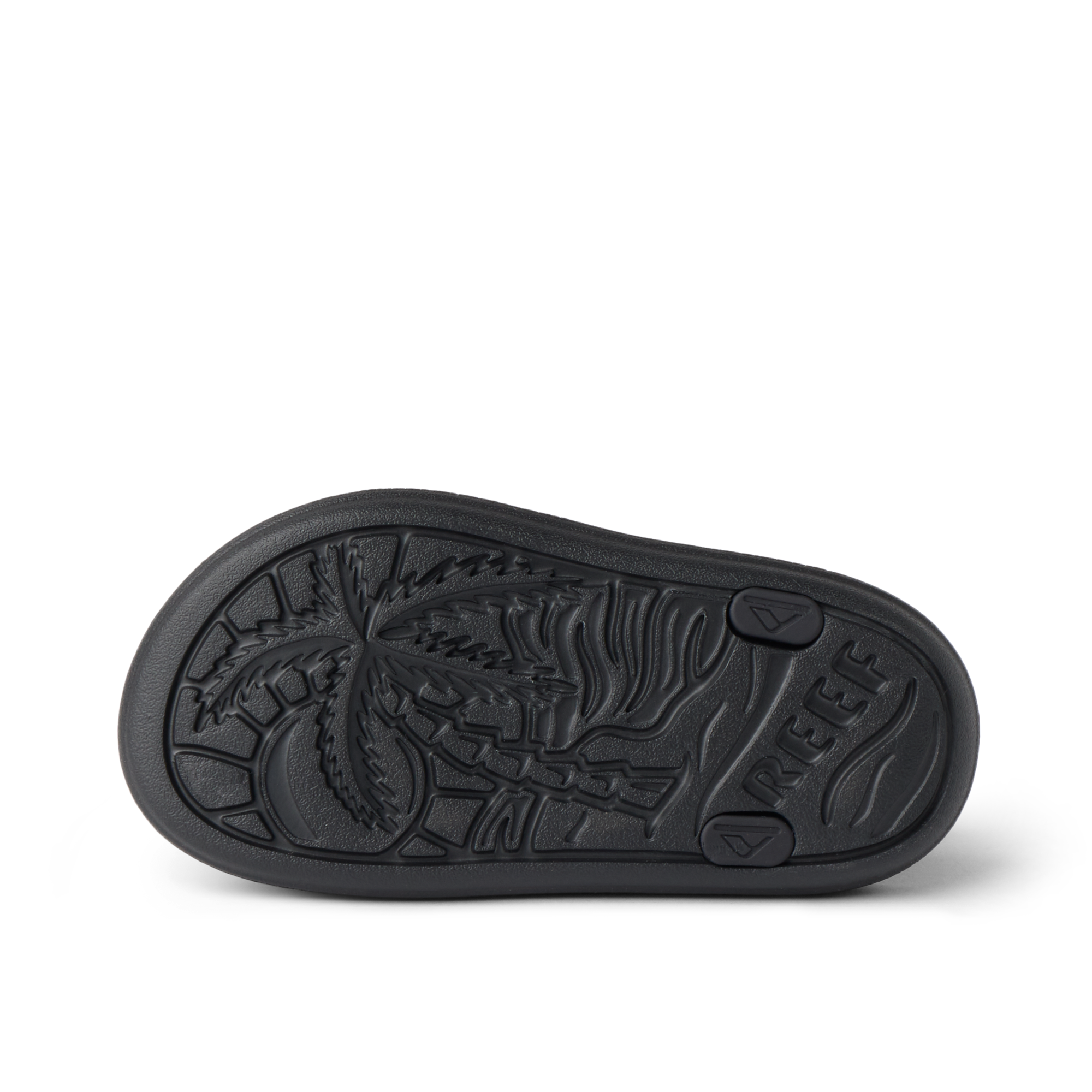 Sole bottom view of Little Totally Beachin boys shoe facing upward with palm tree design, comfort, and water-friendly materials.