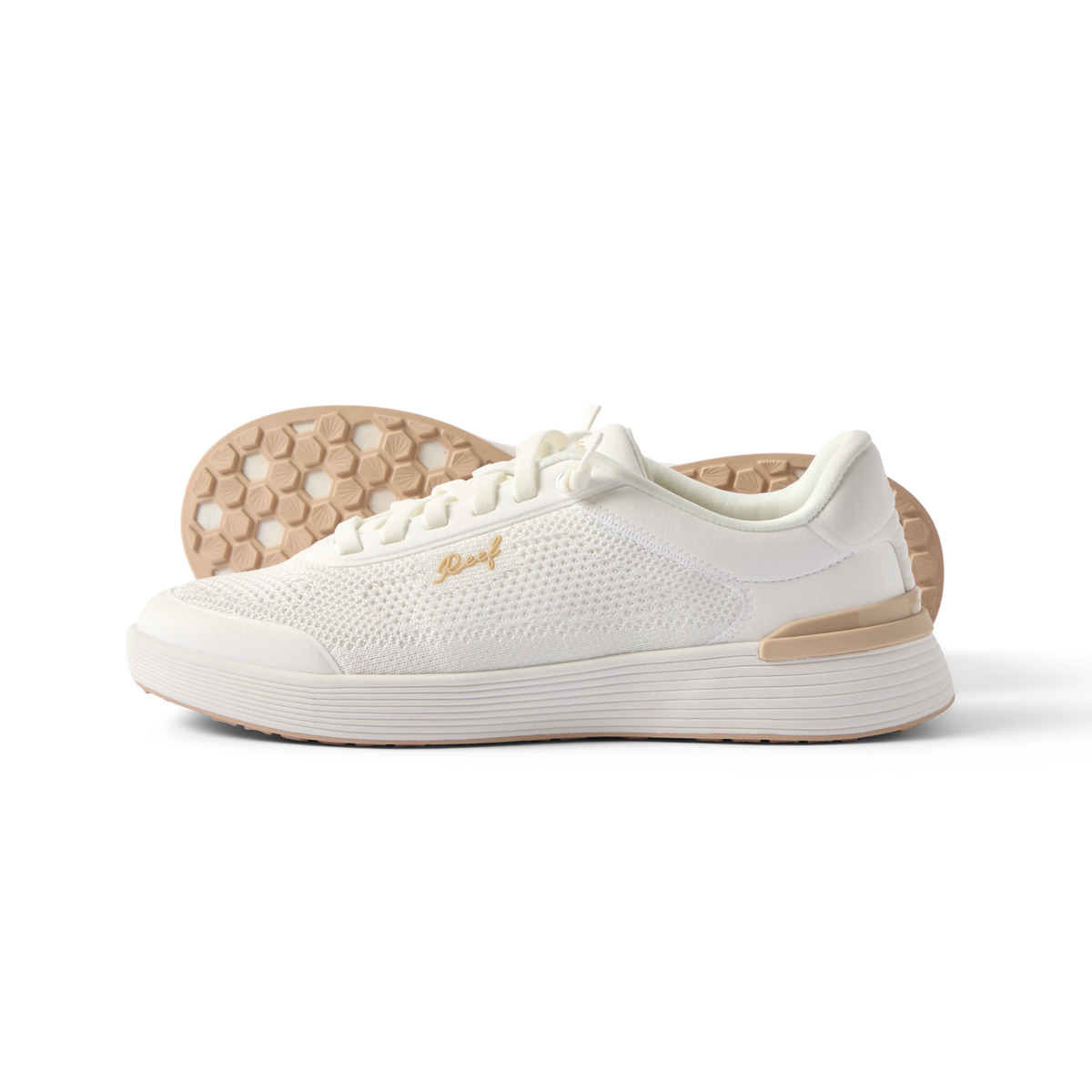 Side view of Shoreline Palisades women's sneaker facing left, showing breathable white upper, cushioned sole, and textured tan outsole.