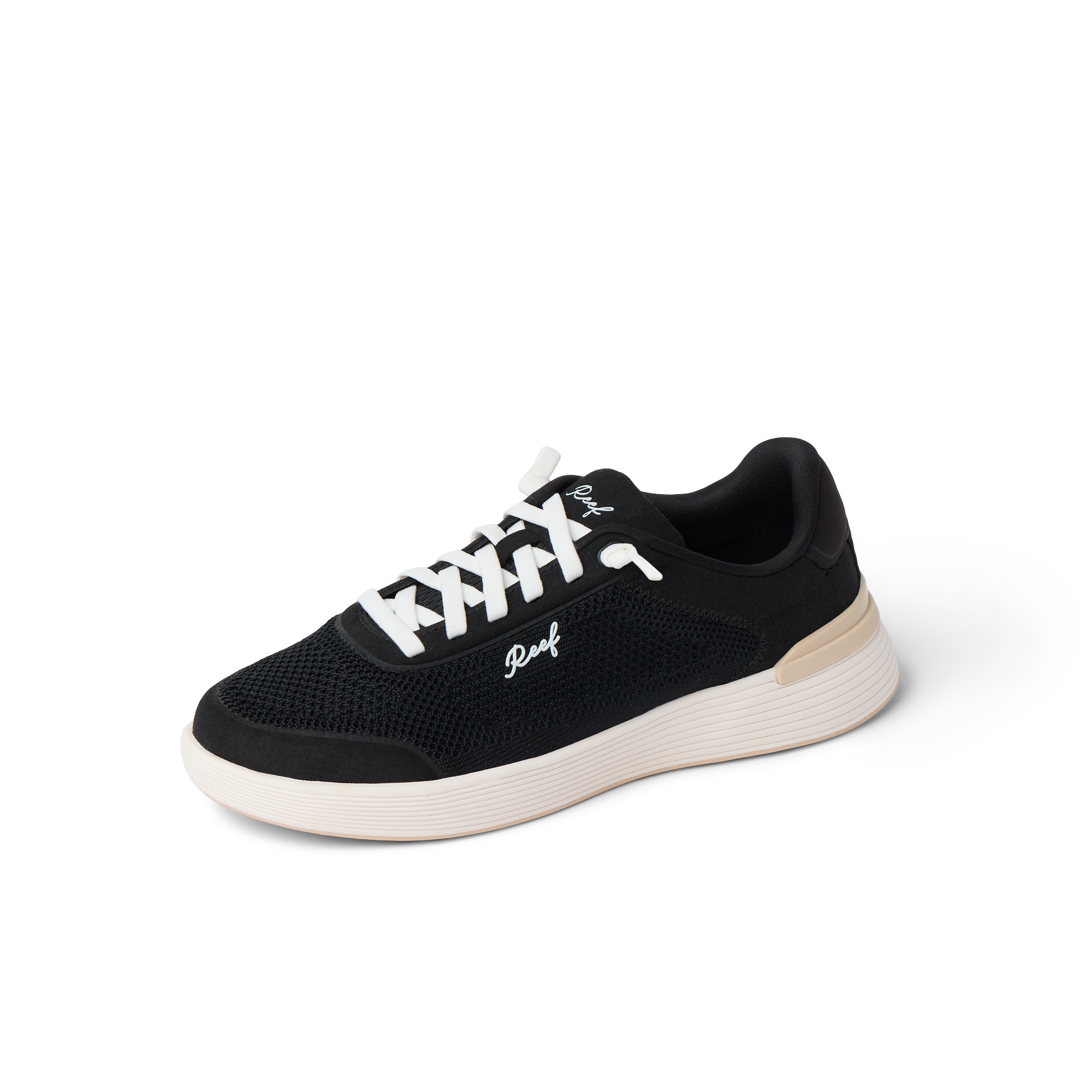 Shoreline Palisades women’s sneaker facing right with breathable black mesh upper and cushioned white sole for beach comfort
