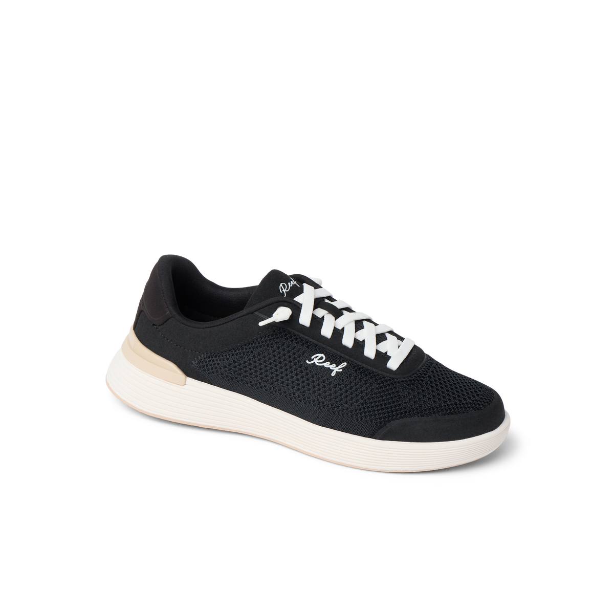 Shoreline Palisades sneaker facing right, black mesh with white laces, cushioned sole for beach-inspired comfort