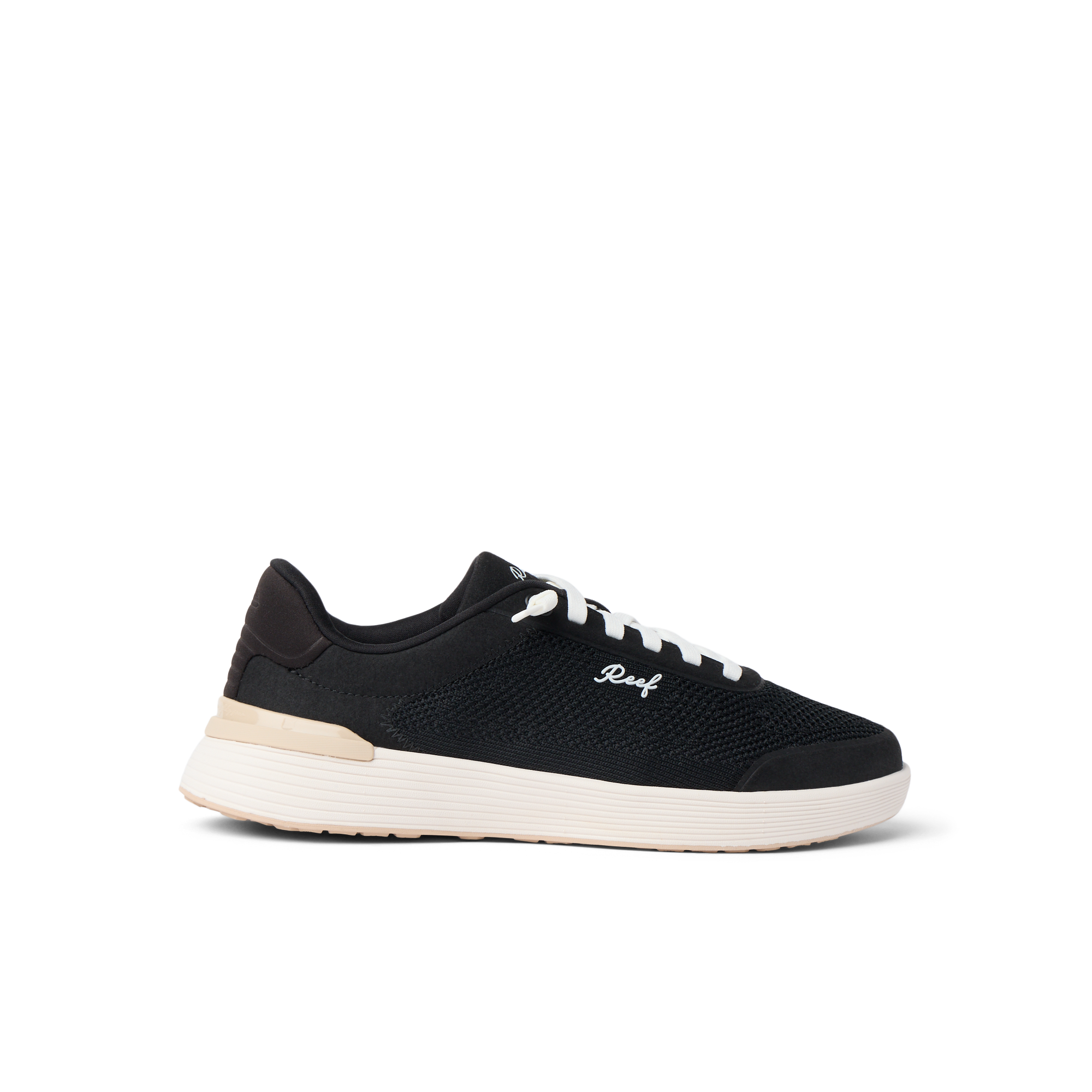 Shoreline Palisades black sneaker facing left showing side with anatomical arch support and soft cushioning