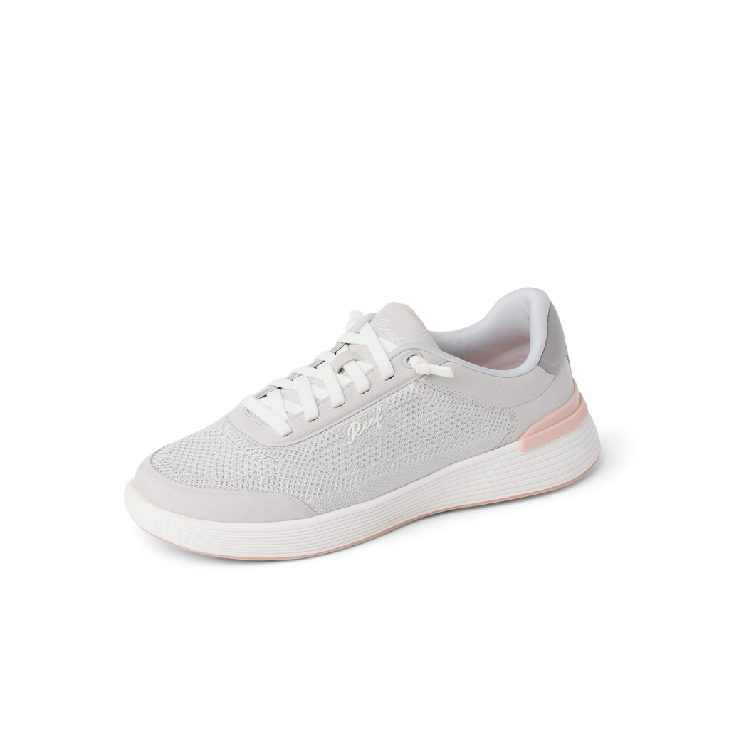 Shoreline Palisades sneaker facing left with breathable grey mesh, soft cushioning, and anatomical arch support for women.