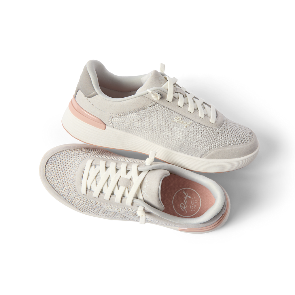 Top and side views of Shoreline Palisades women's sneakers in heather grey with soft cushioning and arch support