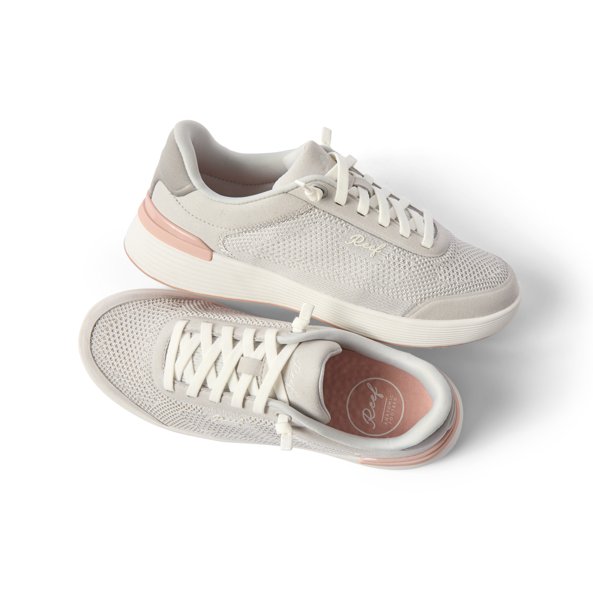 Top and side views of Shoreline Palisades women's sneakers in heather grey with soft cushioning and arch support