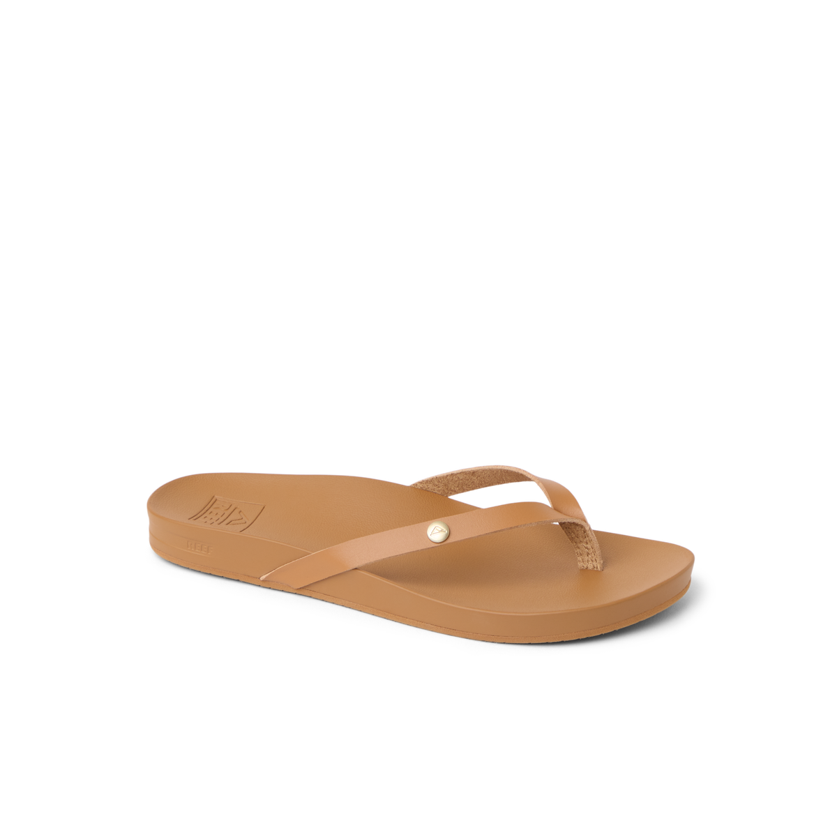 Vista Ivy women's sandal facing right, almond color, featuring soft-rebound cushioning and anatomical arch support for beach comfort.