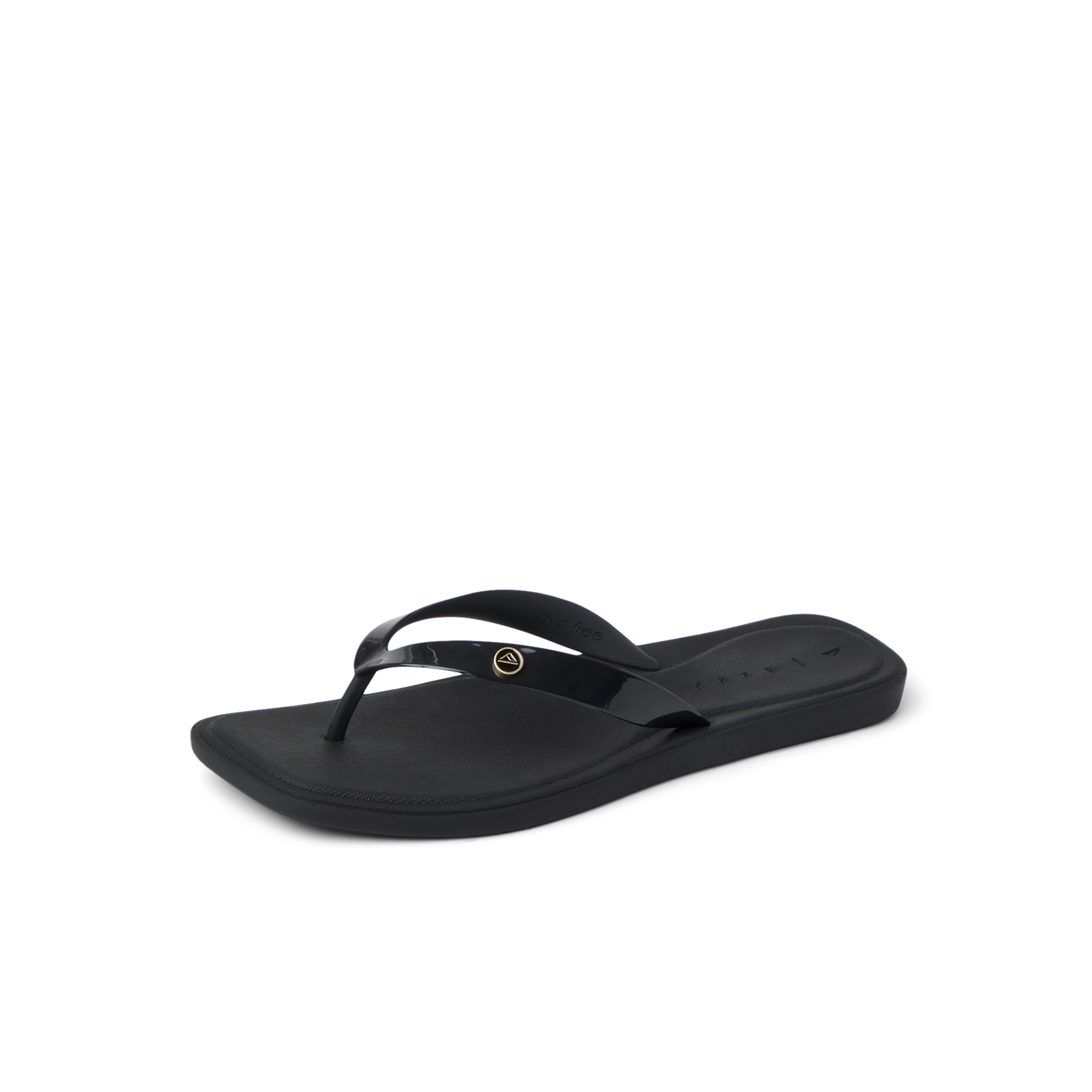Solaye black women's flip flop facing left, close-up on toe post and cushioned footbed, beach-inspired comfort design.