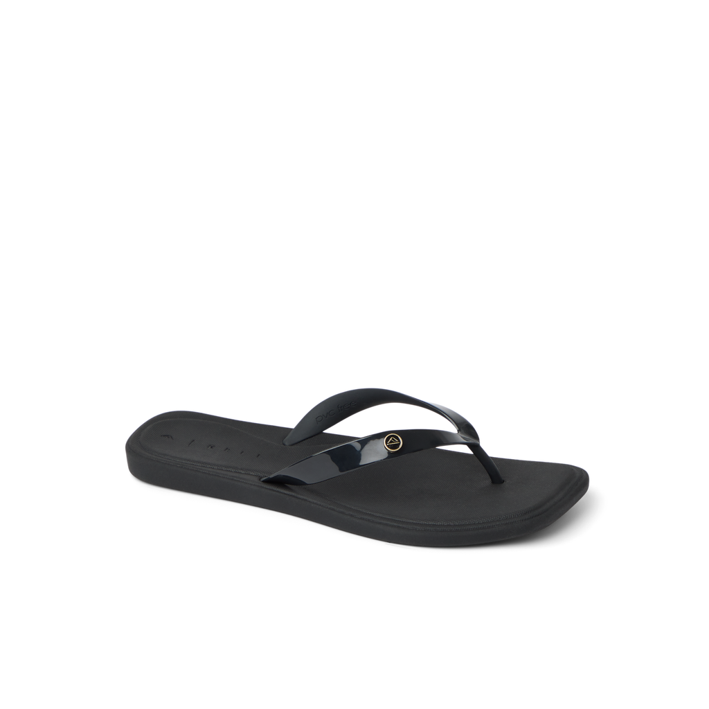Solaye women's black flip flop facing right, showing side with soft-rebound cushioning and arch support for comfort.