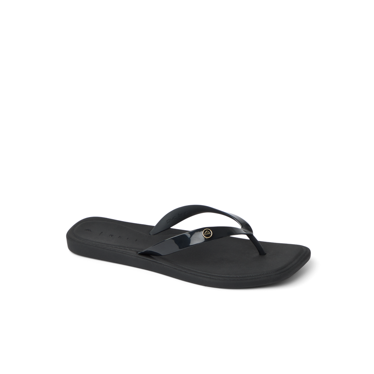 Solaye women's black flip flop facing right, showing side with soft-rebound cushioning and arch support for comfort.
