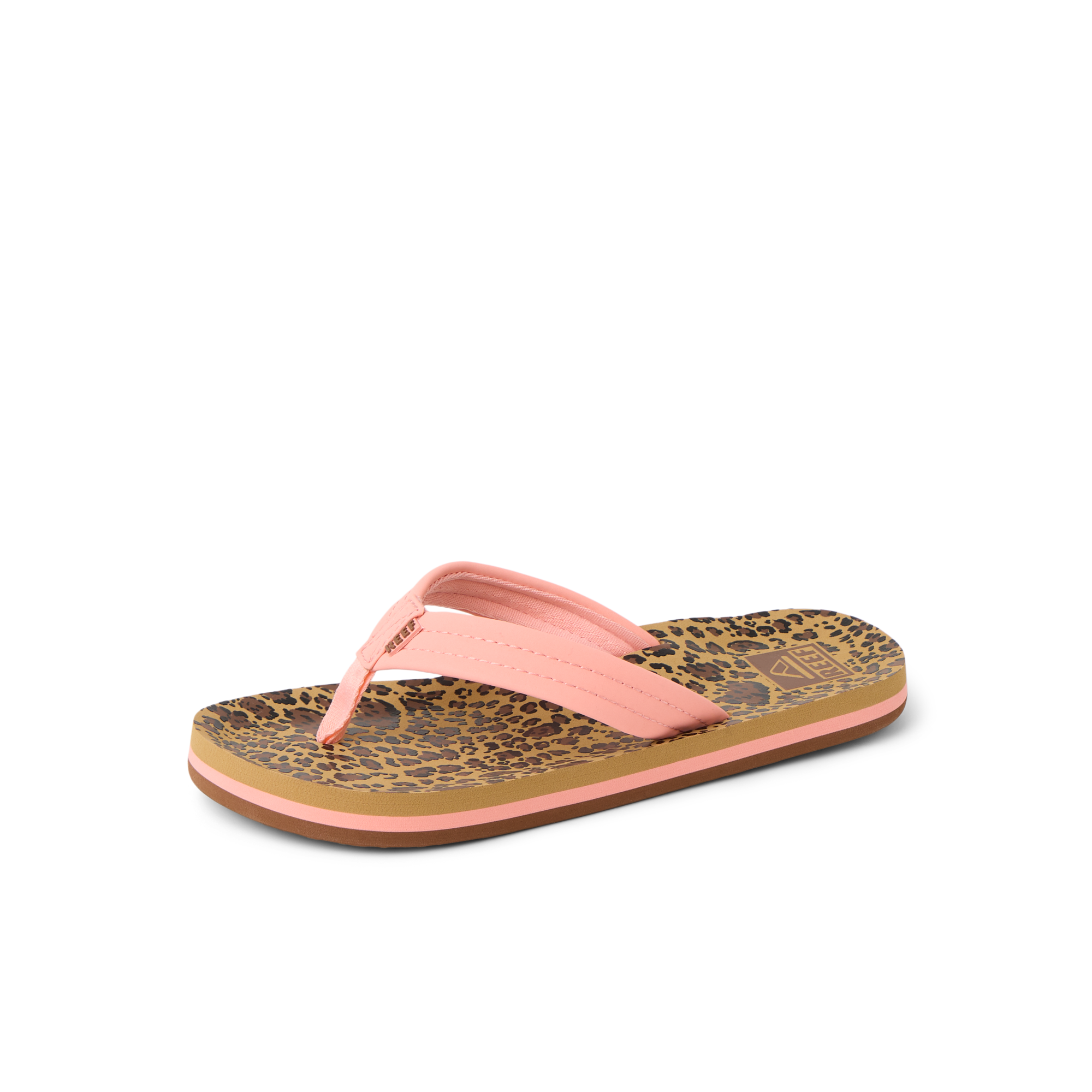 Kids Ahi left-facing sandal with pink straps and leopard print footbed, featuring arch support and soft cushioning for comfort.