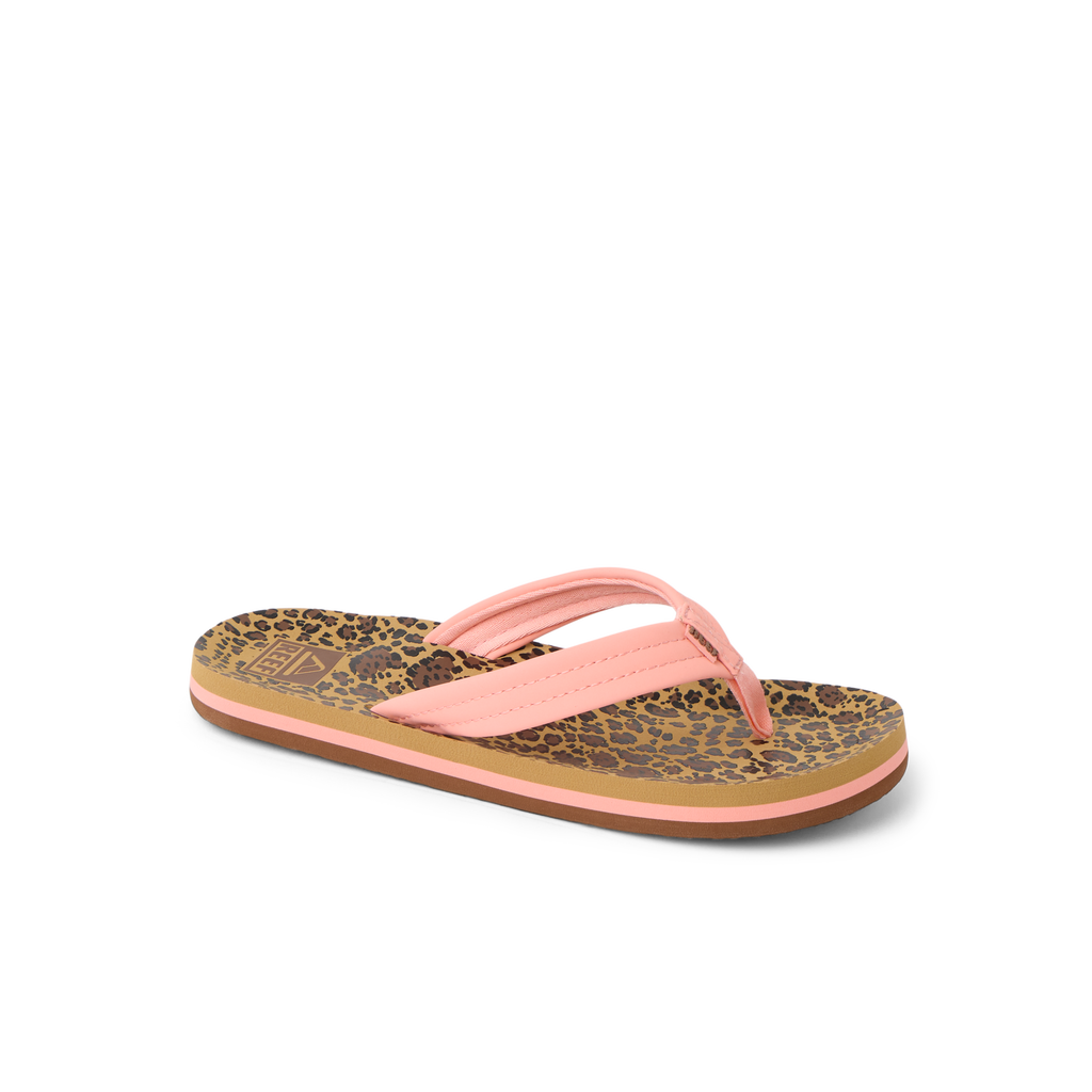 Kids Ahi sandal for girls, right-facing, leopard print footbed with pink straps, comfortable beach-inspired design.