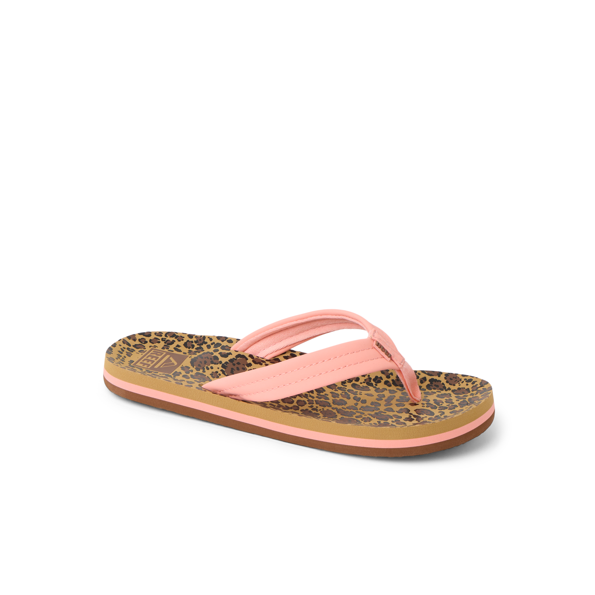 Kids Ahi sandal for girls, right-facing, leopard print footbed with pink straps, comfortable beach-inspired design.