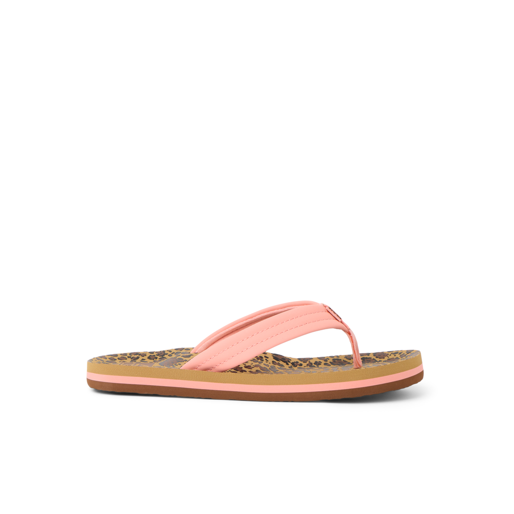 Kids Ahi left-facing sandal close-up showing pink straps and leopard print footbed with soft cushioning for beach comfort