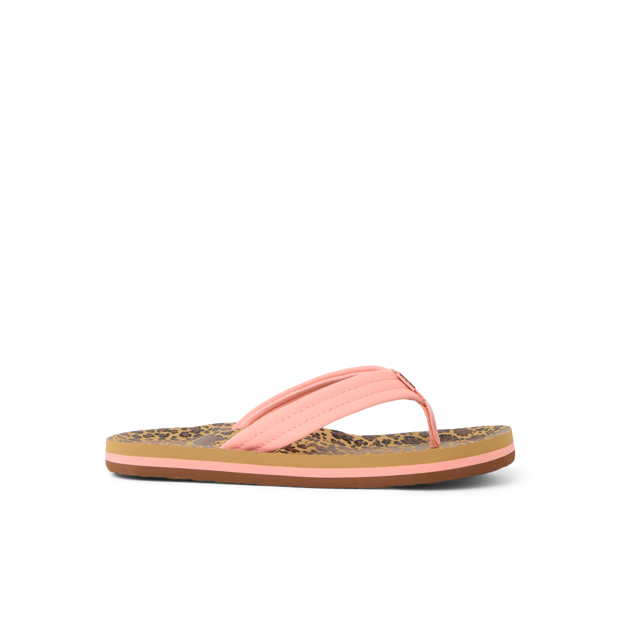 Kids Ahi left-facing sandal close-up showing pink straps and leopard print footbed with soft cushioning for beach comfort