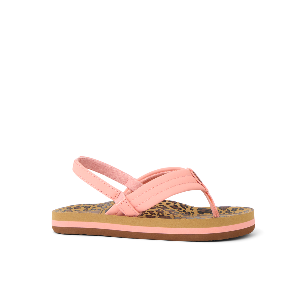 Little Ahi toddler girl’s sandal facing right, pink straps and leopard print footbed, beach-inspired comfort design.