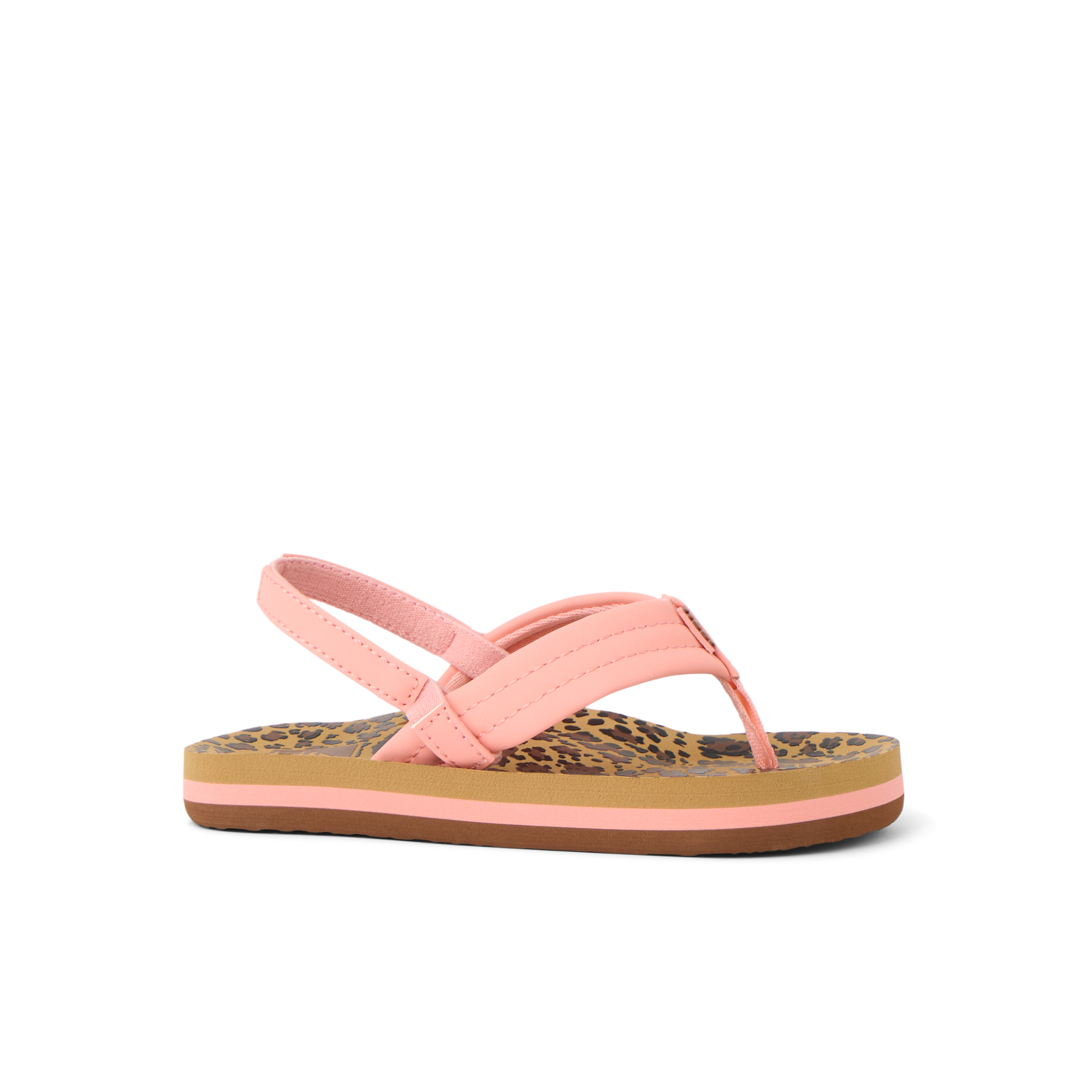 Little Ahi toddler girl’s sandal facing right, pink straps and leopard print footbed, beach-inspired comfort design.