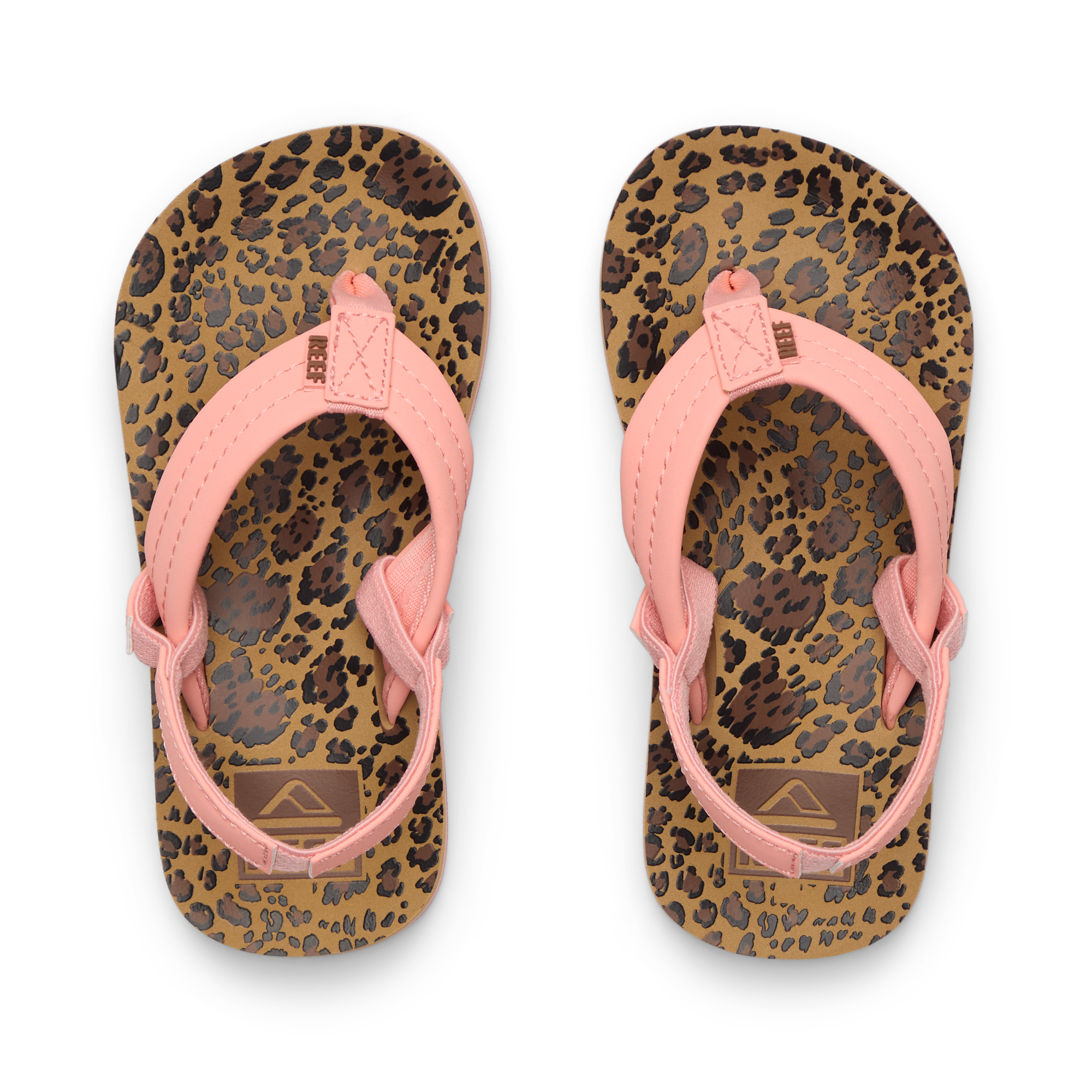Top-down view of Little Ahi girls’ sandals with leopard print footbed and pink straps featuring arch support and cushioning.