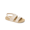 Little Cushion Vista girls sandal facing left, white floral straps, tan cushioned sole, surf-inspired comfort design.