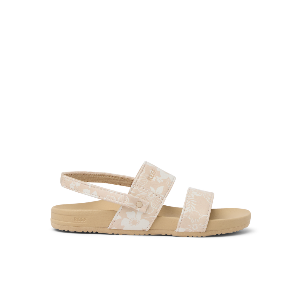 Little Cushion Vista sandal for girls facing left, floral straps, cushioned sole with arch support, beach-inspired comfort.