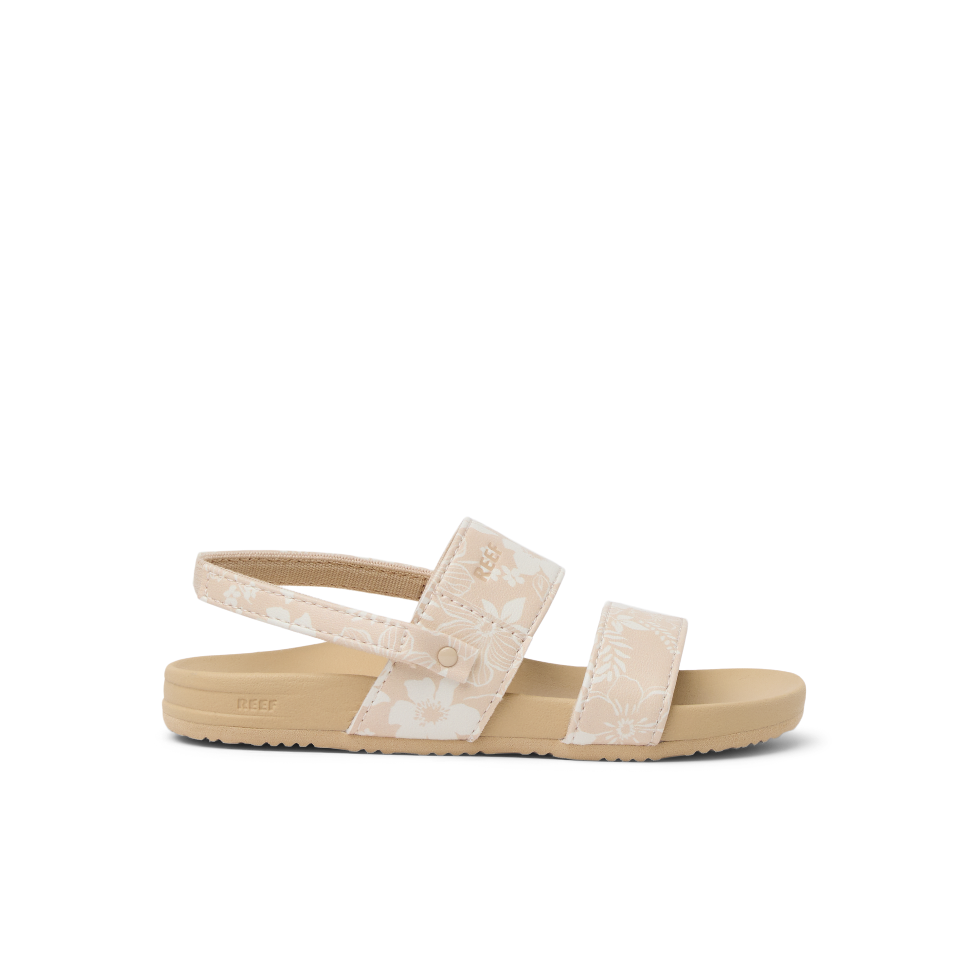Little Cushion Vista sandal for girls facing left, floral straps, cushioned sole with arch support, beach-inspired comfort.