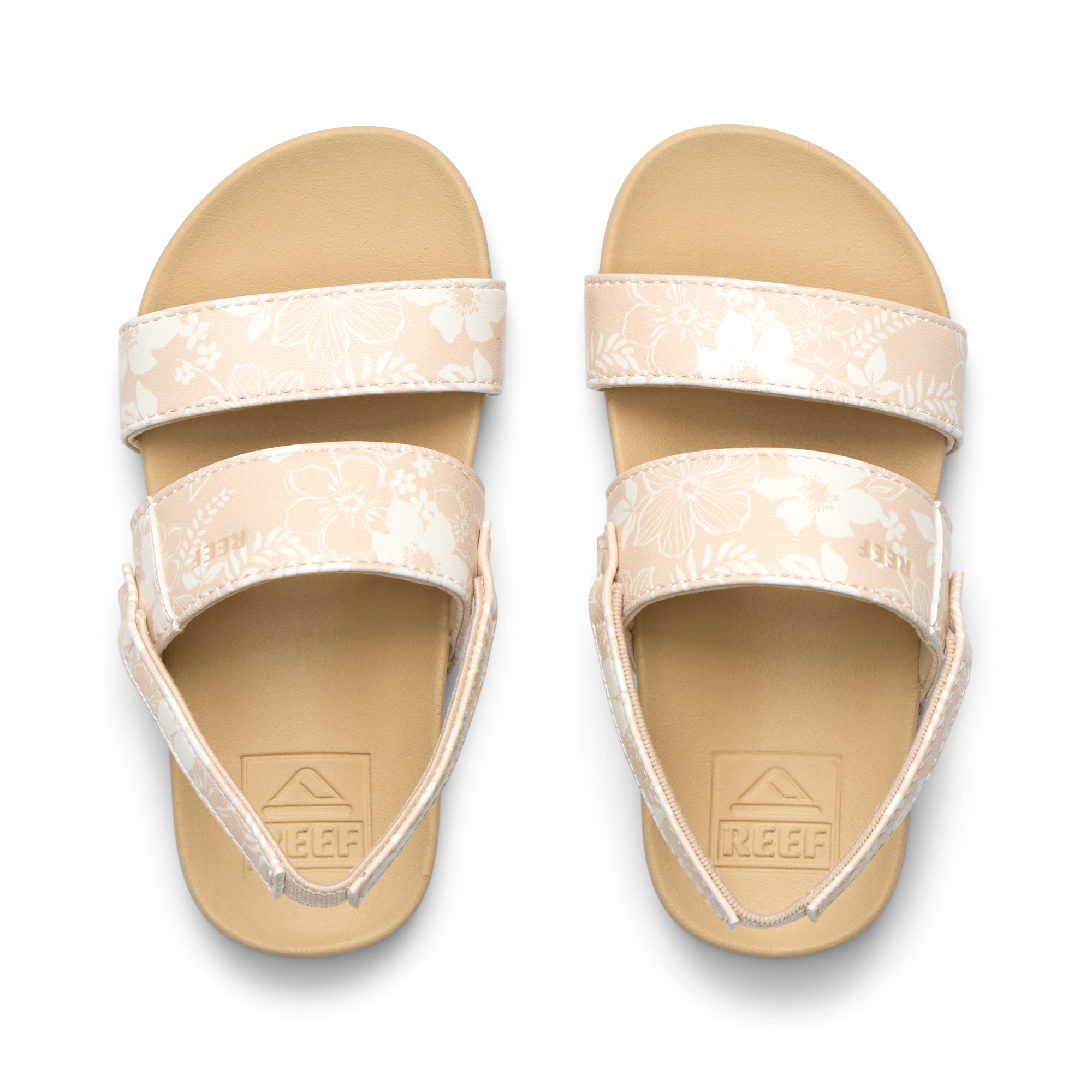 Little Cushion Vista top view of pink floral sandals for girls with arch support and soft cushioning for beach comfort.