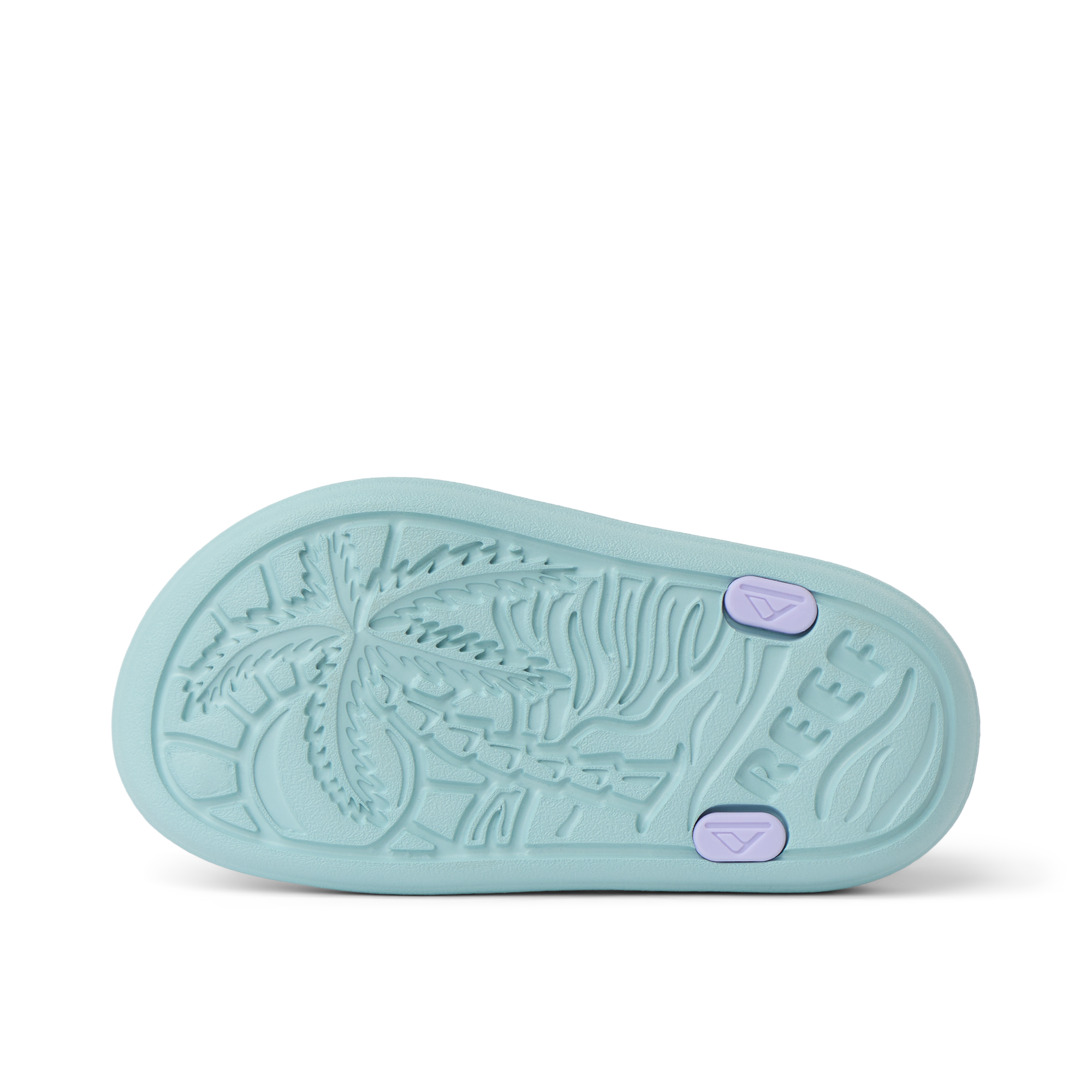 Little Totally Beachin sandal sole facing up, showing textured palm tree pattern and REEF logo, designed for comfort.