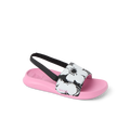 Little Salty Slide for girls facing right, showing top and side with floral strap, pink sole, and arch support.
