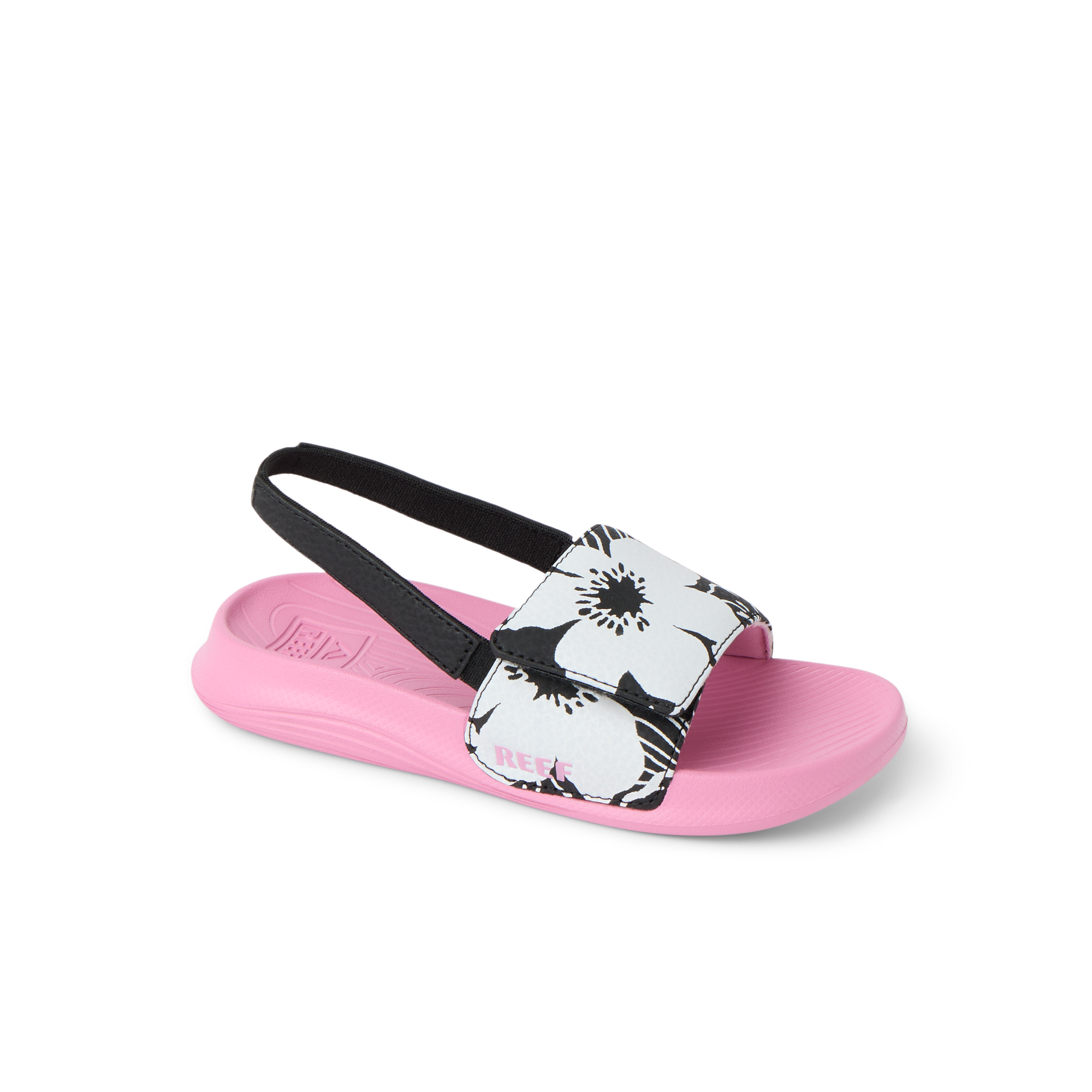 Little Salty Slide for girls facing right, showing top and side with floral strap, pink sole, and arch support.
