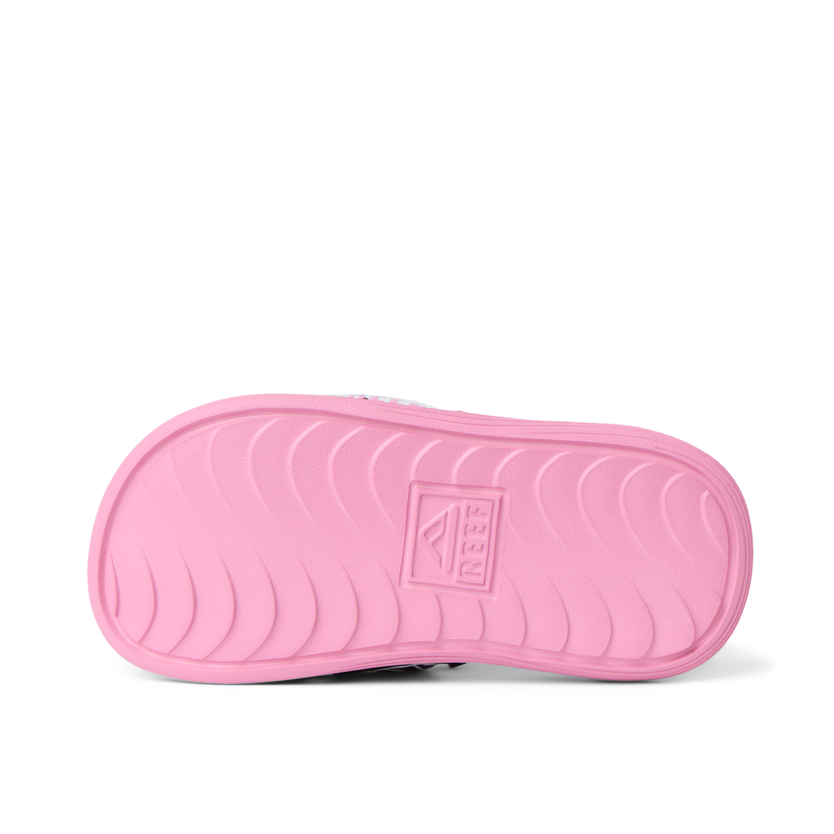 Little Salty Slide showing bottom sole facing up in pink, durable, water-friendly design with anatomical arch support.
