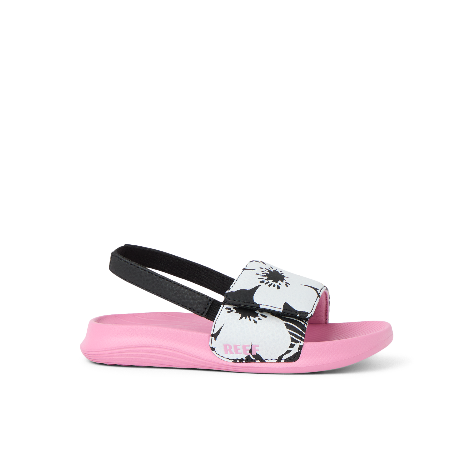 Little Salty Slide sandal for girls facing right, featuring floral strap, pink cushioned sole, and soft arch support.