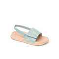 Little Salty Slide sandal for girls facing right, showing side and top with soft cushioning and arch support in blue haze pattern.