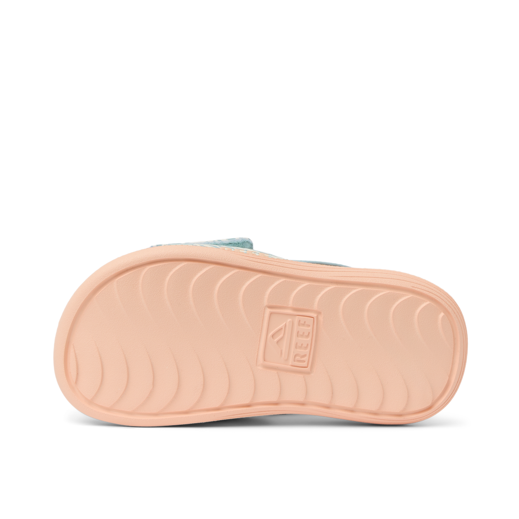 Little Salty Slide for girls showing the bottom sole facing up, highlighting durable, water-friendly comfort features.