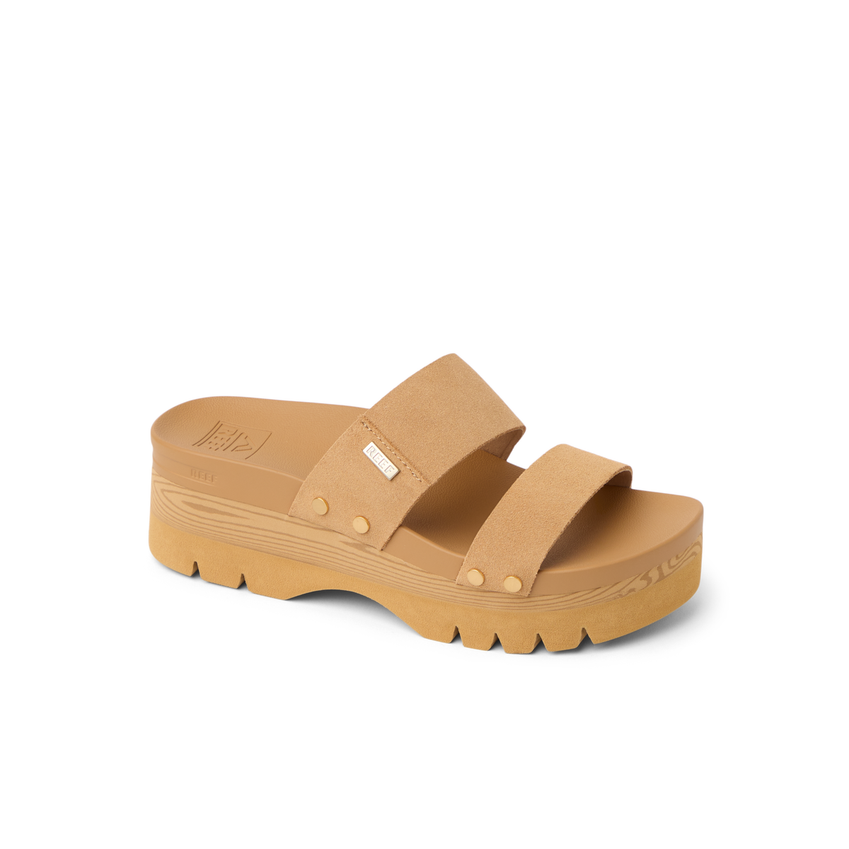 Vista Higher Cleo sandal facing right, tan platform sandal with dual straps, cushioned footbed, anatomical arch support, beach comfort