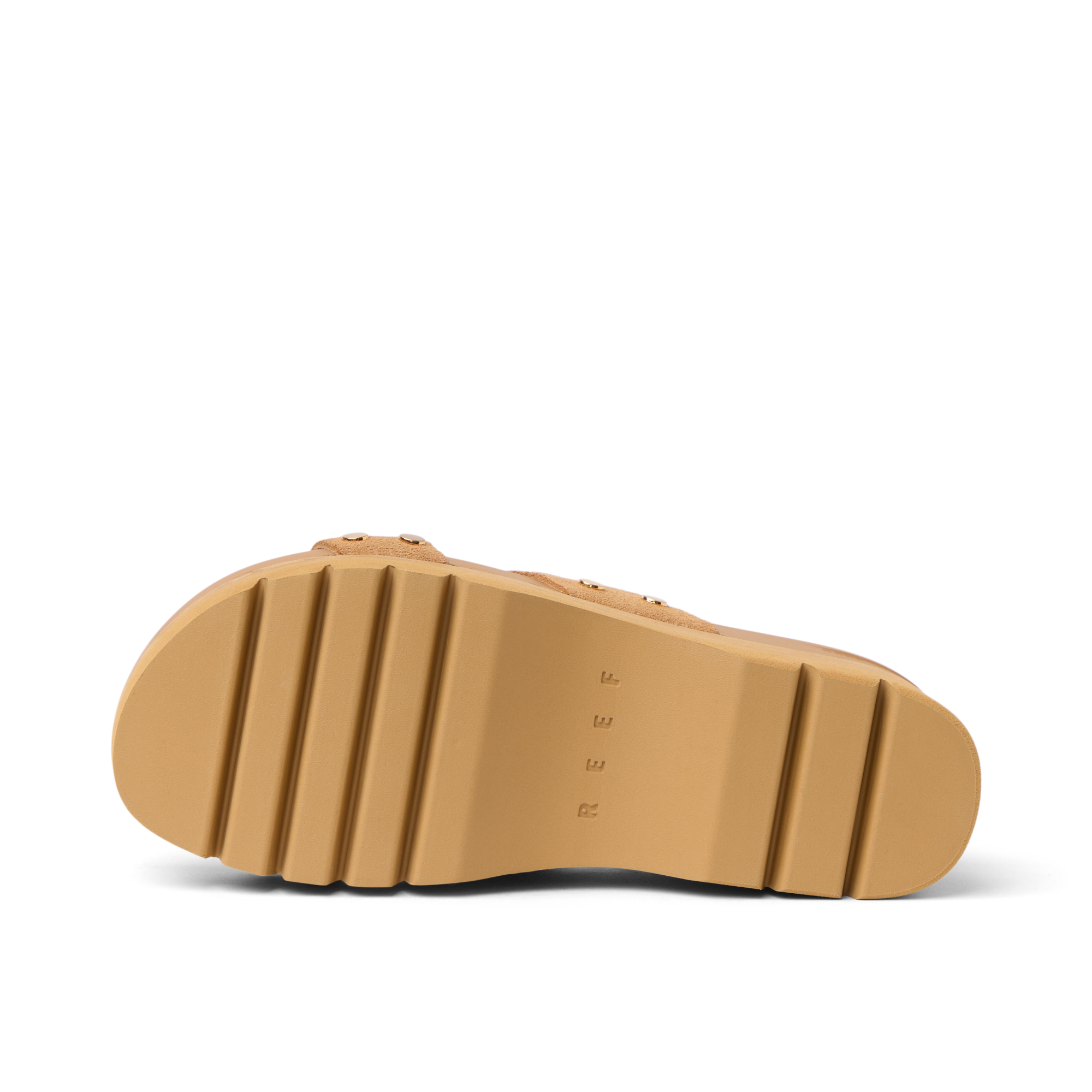 Vista Higher Cleo women's tan sole facing up, close-up of durable outsole with REEF branding, surf-inspired comfort design.