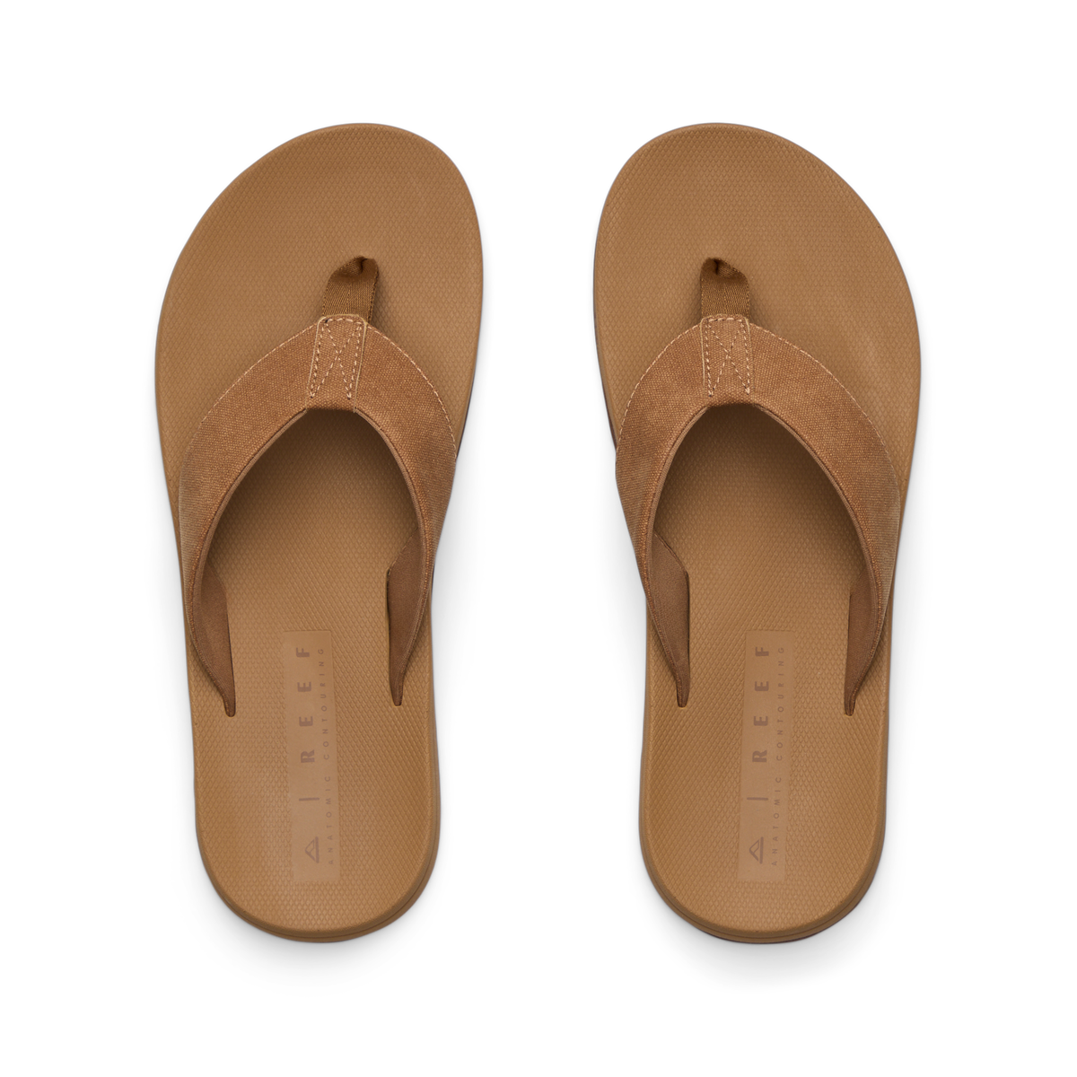 Top-down view of men's Nox sandals in brown with soft cushioning and anatomical arch support, designed for beach comfort.