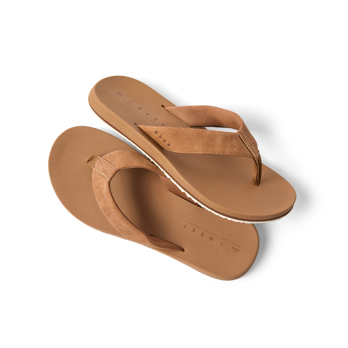 Nox men's tan sandals with extra cushioning and arch support, top and side views showing soft, water-friendly materials