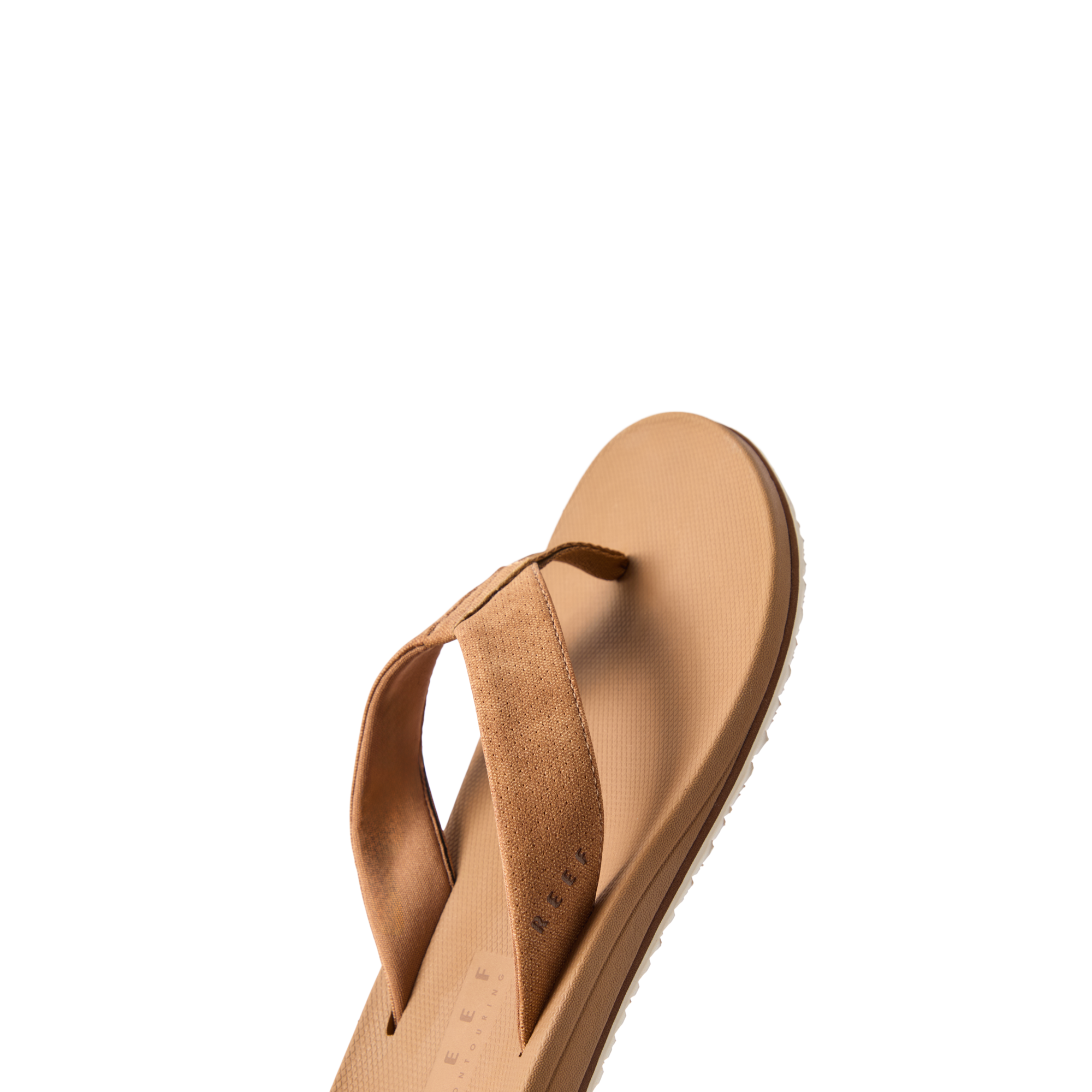 Nox men's right-facing sandal close-up showing tobacco color, anatomical arch support, and soft-rebound cushioning for beach comfort.