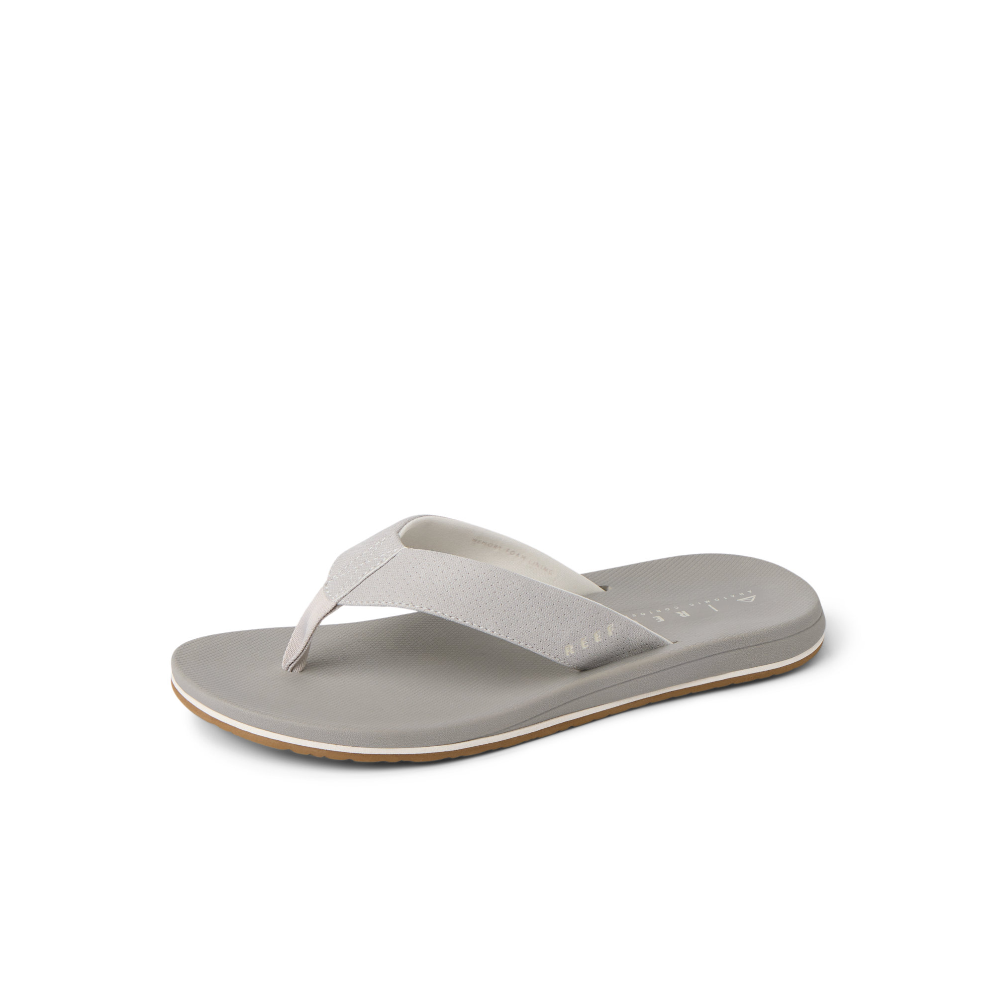 Nox men's surf-inspired flip flop facing right with soft-rebound cushioning and anatomical arch support in greige color.