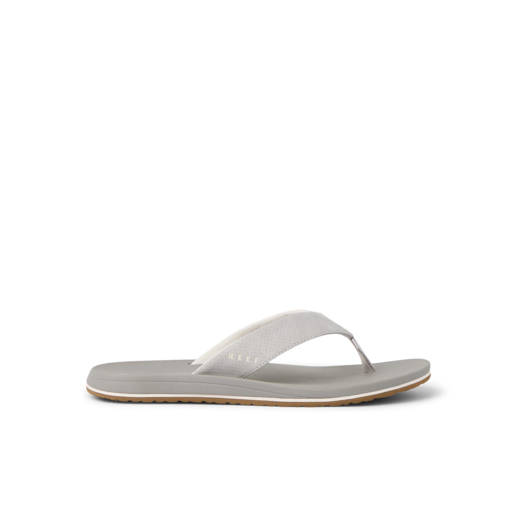 Nox men's right-facing flip flop in greige with soft-rebound cushioning and anatomical arch support for beach comfort.