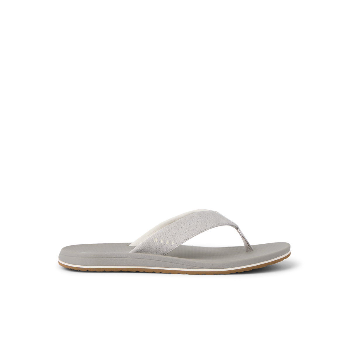 Nox men's right-facing flip flop in greige with soft-rebound cushioning and anatomical arch support for beach comfort.