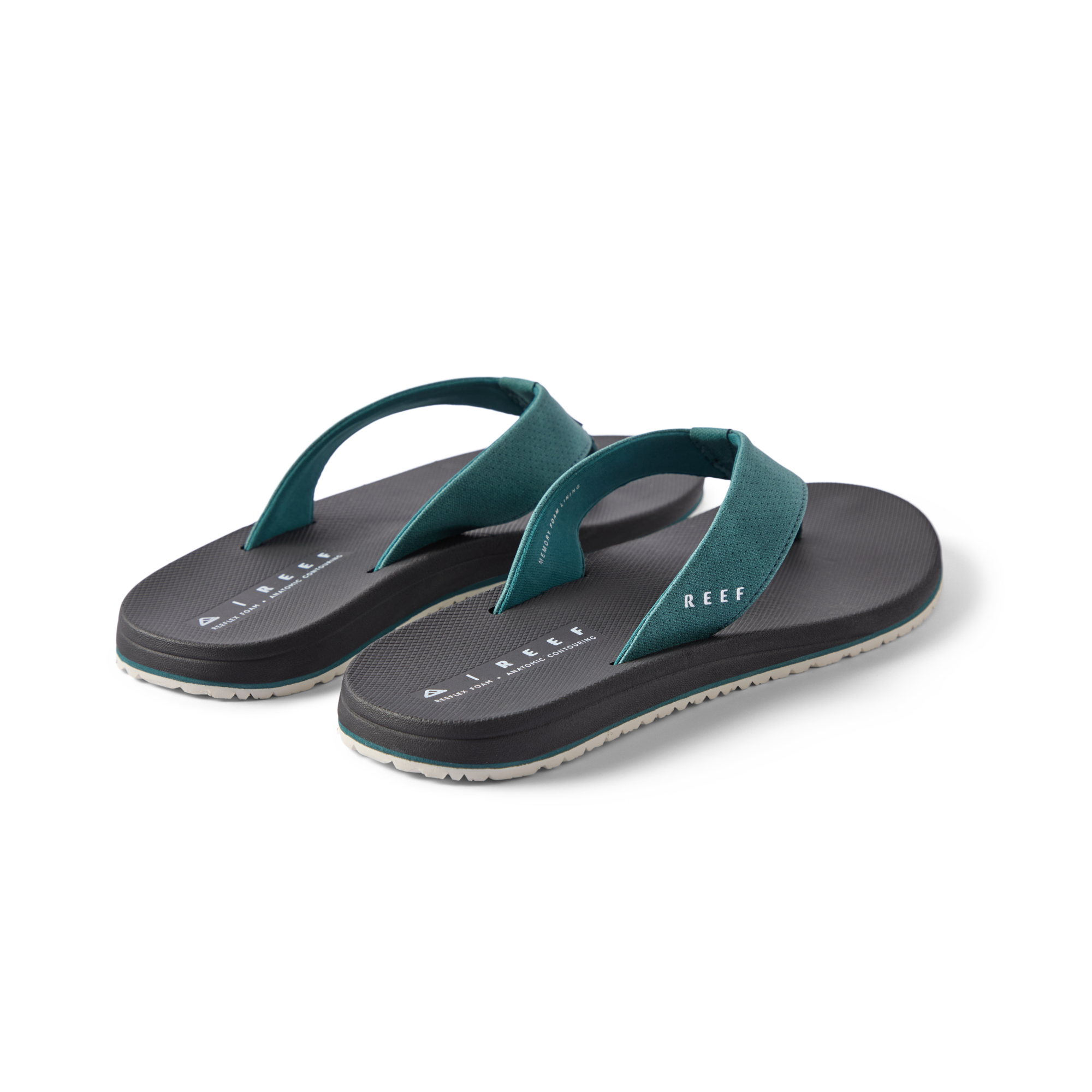 Pair of Nox men's teal and black flip flops facing right, featuring soft cushioning and anatomical arch support.