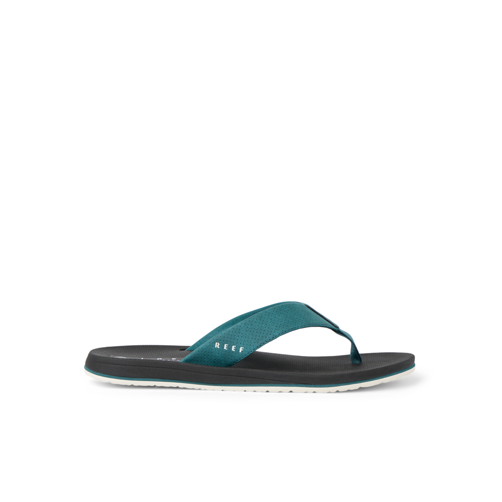 Nox men's right-facing sandal with teal straps and black cushioned sole, surf-inspired comfort for beach and everyday wear
