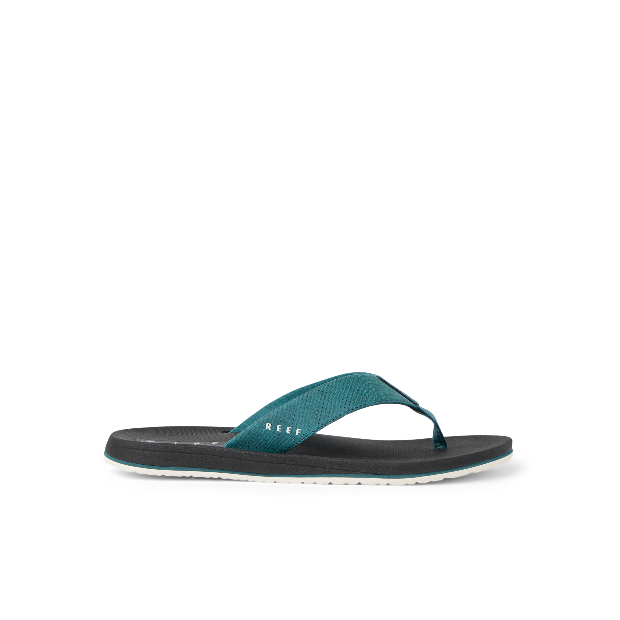 Nox men's right-facing sandal with teal straps and black cushioned sole, surf-inspired comfort for beach and everyday wear