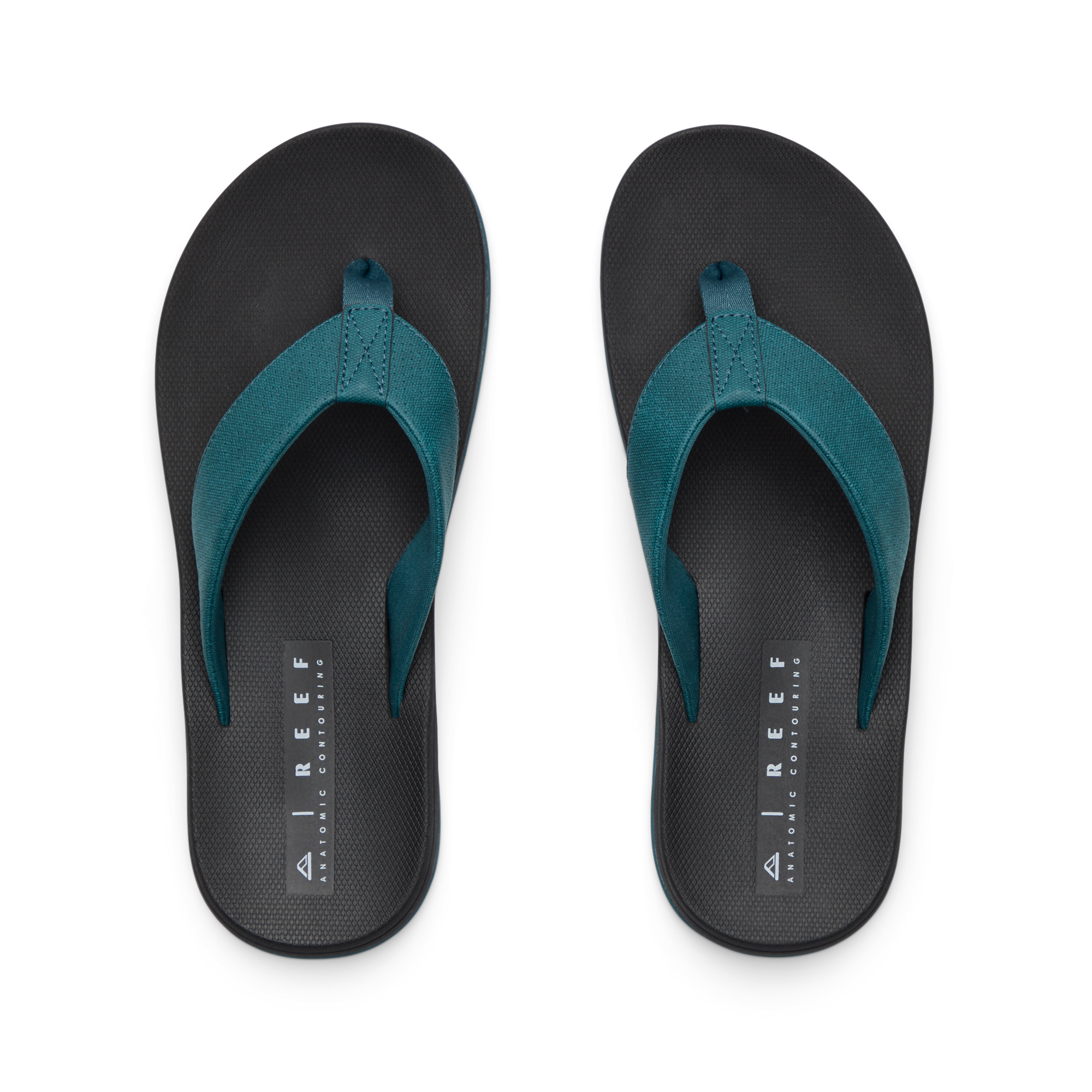 Top view of Nox men's flip flops in black with teal straps, featuring anatomical arch support and soft cushioning for all-day comfort.