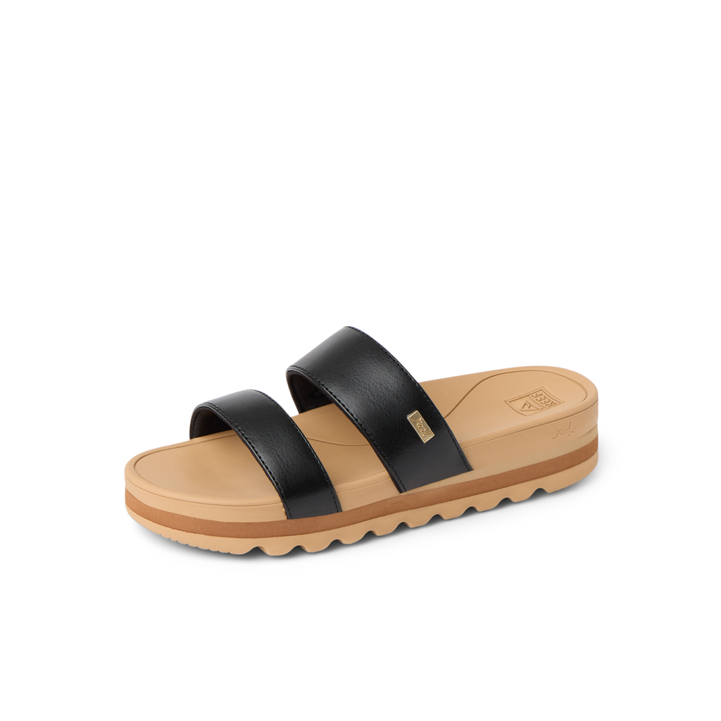 Kids Vista Hi sandal for girls facing right, black straps with tan cushioned sole, lightweight and water-friendly comfort design.