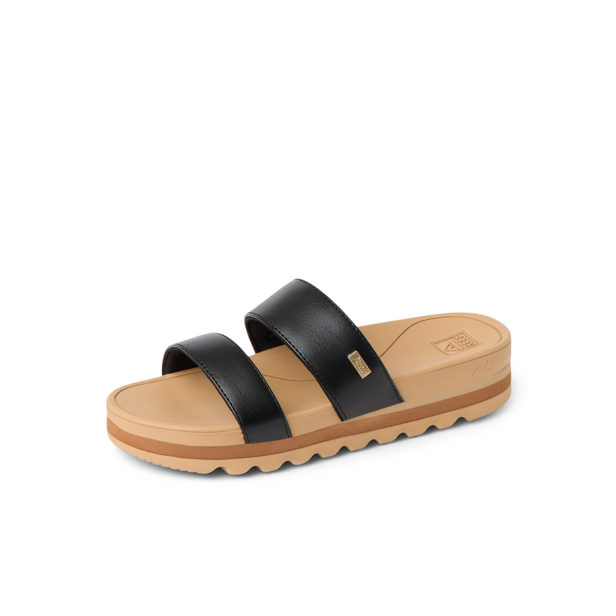 Kids Vista Hi sandal for girls facing right, black straps with tan cushioned sole, lightweight and water-friendly comfort design.