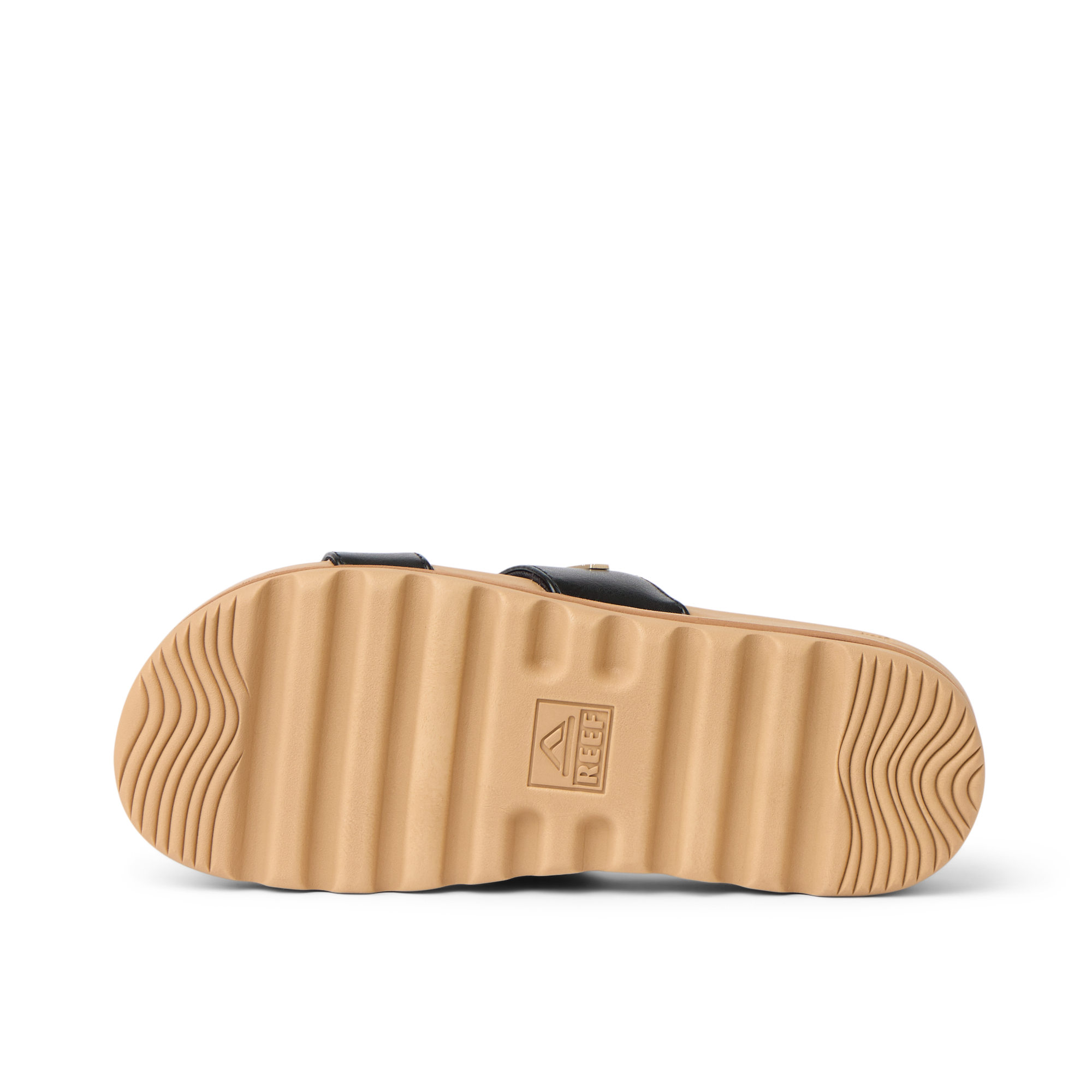 Kids Vista Hi sandal sole in tan with black straps, shown from the bottom, featuring durable, water-friendly comfort design.
