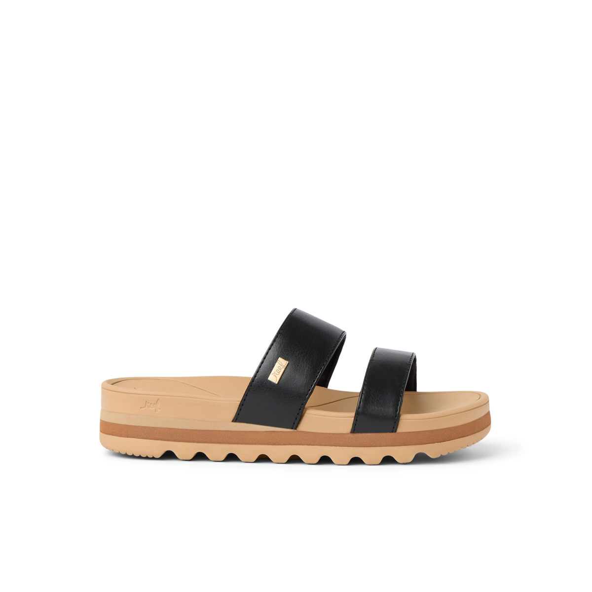 Kids Vista Hi sandal facing right, black straps with tan cushioned sole, designed for girls’ comfort and beach wear.