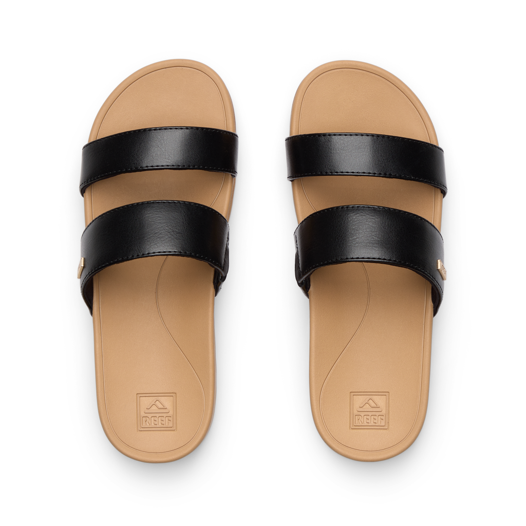 Kids Vista Hi black and tan girls' sandals, top view showing dual straps and cushioned footbed facing upward.