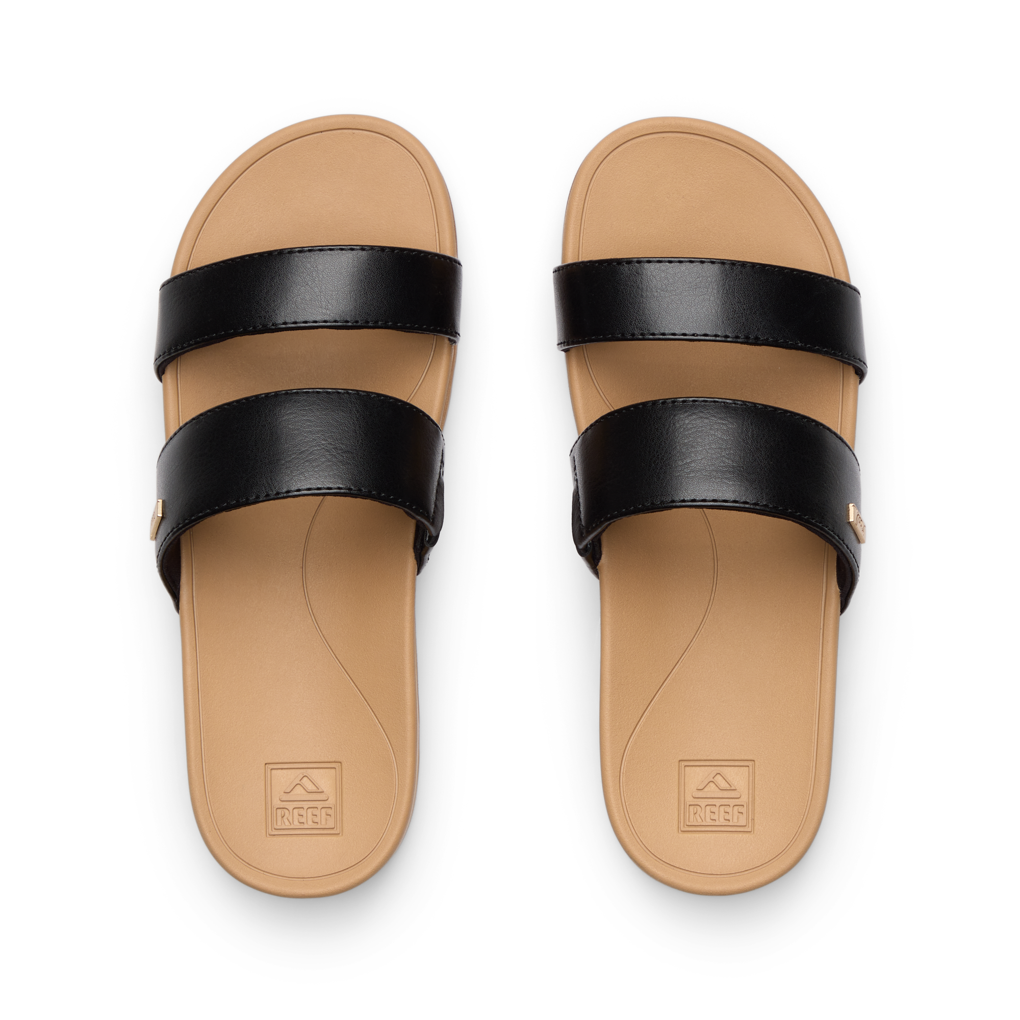 Kids Vista Hi black and tan girls' sandals, top view showing dual straps and cushioned footbed facing upward.
